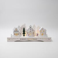 ΞΥΛΙΝΗ ΠΑΡΑΣΤΑΣΗ ΜΕ ΣΠΙΤΑΚΙΑ, ΛΕΥΚΗ, ΦΩΤΙΖΟΜΕΝΗ, TIMER, ΜΠΑΤΑΡΙΑΣ, 33x8x12.5cm