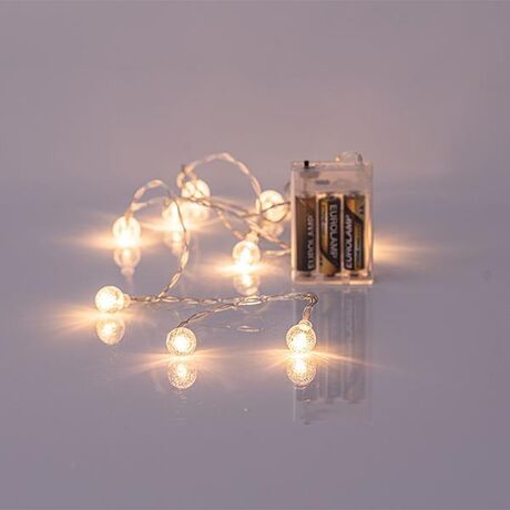 ΣΕΙΡΑ, 10 LED 5mm, ΜΕ ΑΚΡΥΛΙΚΕΣ ΔΙΑΦΑΝΕΣ ΜΠΑΛΕΣ 1,8cm, ΜΠΑΤΑΡΙΑΣ, ΔΙΑΦΑΝΟ ΚΑΛΩΔΙΟ, ΘΕΡΜΟ ΛΕΥΚΟ LED, ΑΝΑ 15cm, ΠΡΟΕΚΤΑΣΗ ΠΑΡΟΧΗΣ 50cm, IP20