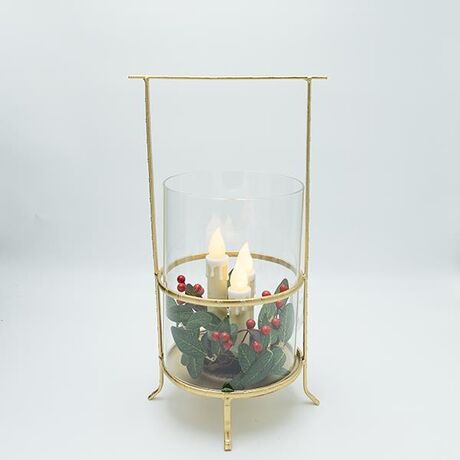 ΜΕΤΑΛΛΙΚΟ ΦΑΝΑΡΙ ΜΕ ΧΡΥΣΕΣ ΛΕΠΤΟΜΕΡΕΙΕΣ ΚΑΙ 3 ΚΕΡΙΑ, 20x17x37cm