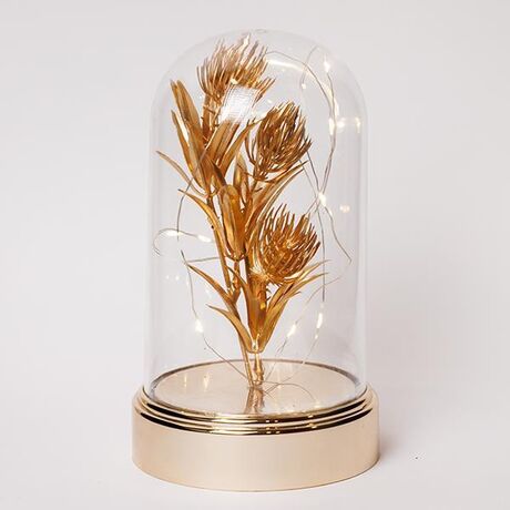 ΠΛΑΣΤΙΚΟΣ ΘΟΛΟΣ H20cm, Φ11cm, ΜΠΑΤΑΡΙΑΣ 3XAA, ΧΡΟΝΟΔΙΑΚΟΠΤΗΣ, 10 ΘΕΡΜΑ ΛΕΥΚΑ LED, ΑΣΗΜΈΝΙΟ ΧΑΛΚΙΝΟ ΚΑΛΩΔΙΟ, ΧΡΥΣΟ ΛΟΥΛΟΥΔΙ ΜΕ ΦΥΛΛΑ, IP20