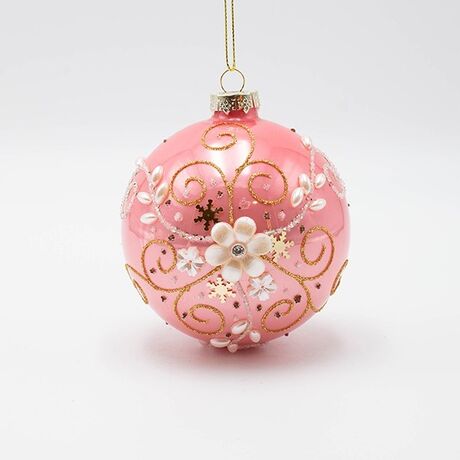 ΓΥΑΛΙΝΗ ΜΠΑΛΑ, ΡΟΖ ΜΕ ΛΕΥΚΟ ΠΕΡΛΕ ΛΟΥΛΟΥΔΙ, ΣΕΤ 4ΤΜΧ, 10cm