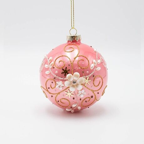 ΓΥΑΛΙΝΗ ΜΠΑΛΑ, ΡΟΖ ΜΕ ΛΕΥΚΟ ΠΕΡΛΕ ΛΟΥΛΟΥΔΙ, ΣΕΤ 4ΤΜΧ, 8cm